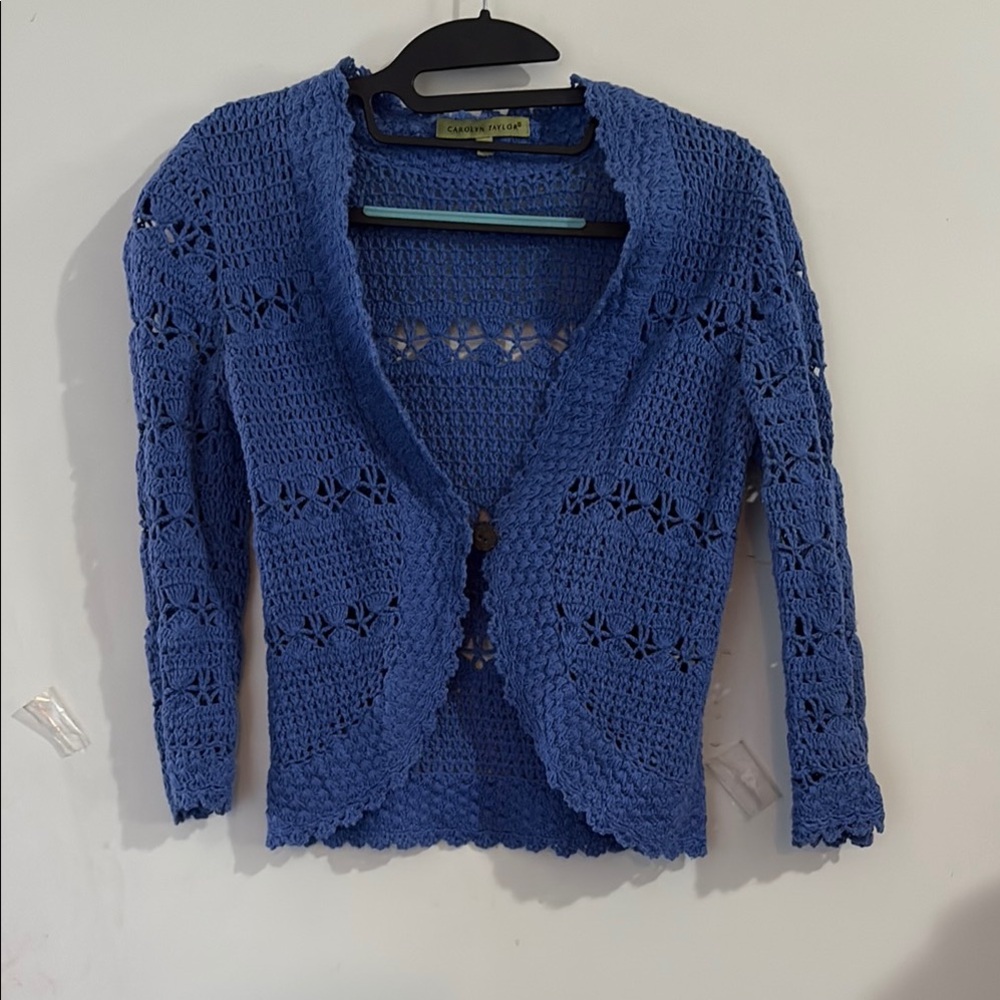 Carolyn Taylor Blue Cardigan Sweater V-Neck Open-Front